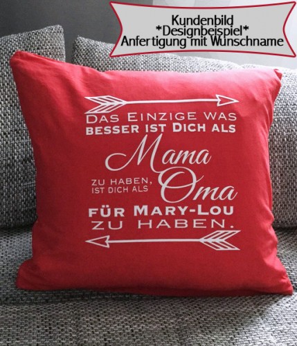 Rotes Kissen mit Bügelbild, Spruch für Mama und Oma