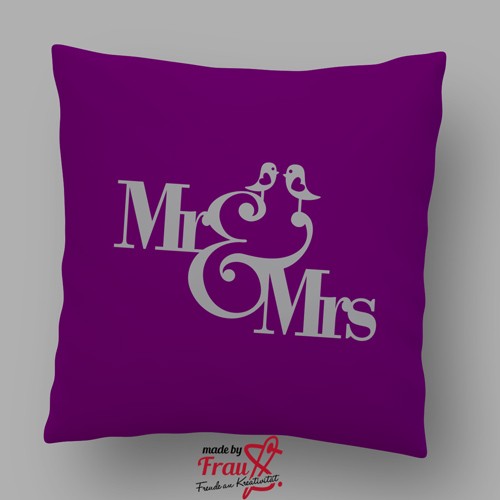 Kissen in lila mit Bügebild Mr & Mrs mit liebenden Vögeln