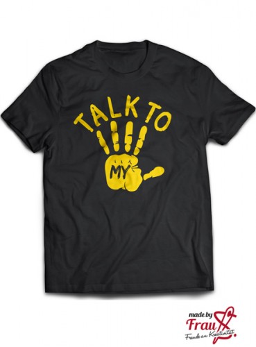 schwarzes T-Shirt mit gelber Hand, Talk to my Hand Plottermotiv