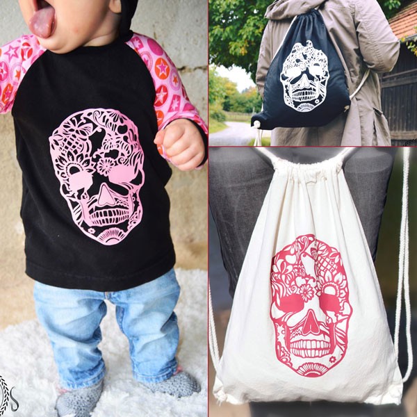 Baby-Shirt mit Rosa Mandala Totenkopf, 2 Turnbeutel mit Mandala-Skull
